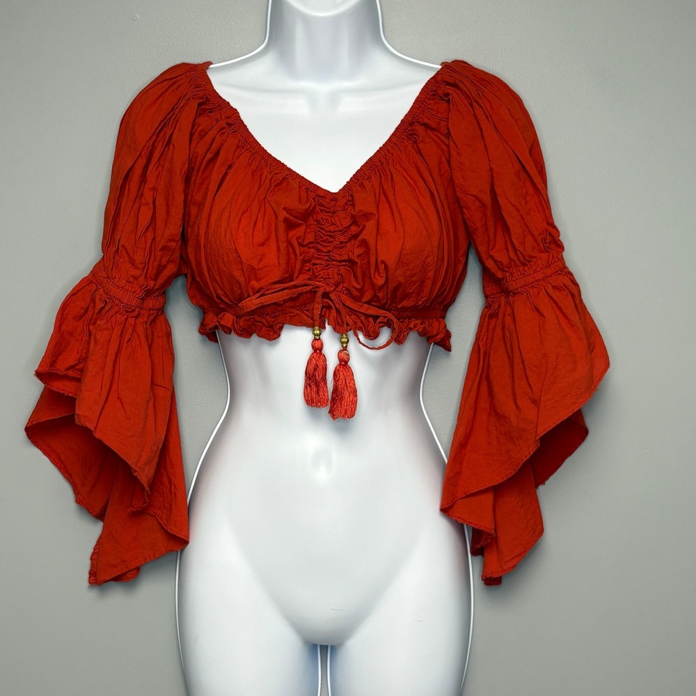 Boho Festival Fairy Whimsigoth Faire Orange Flare Bell Sleeve Peasant Crop Top M